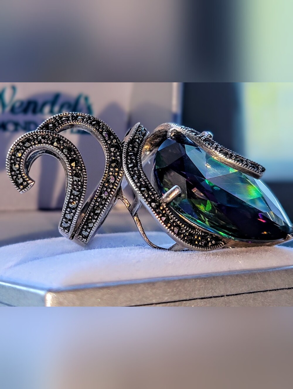 Sterling Silver Mystic Teardrop Topaz Marcasite Ring in Iridescent Green-Blue